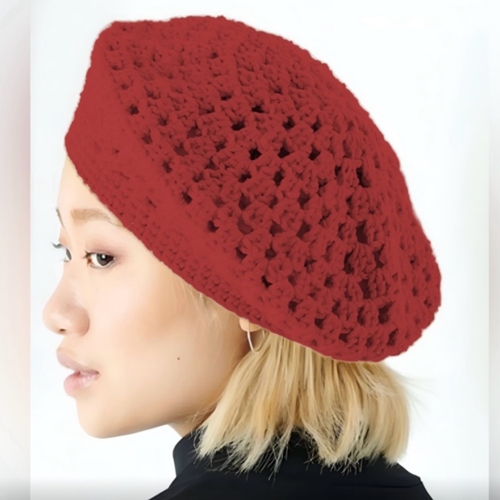 NWT Cheveux HandMade crochet beret in rust/red 100% Cotton cute! Bear not 4 sale